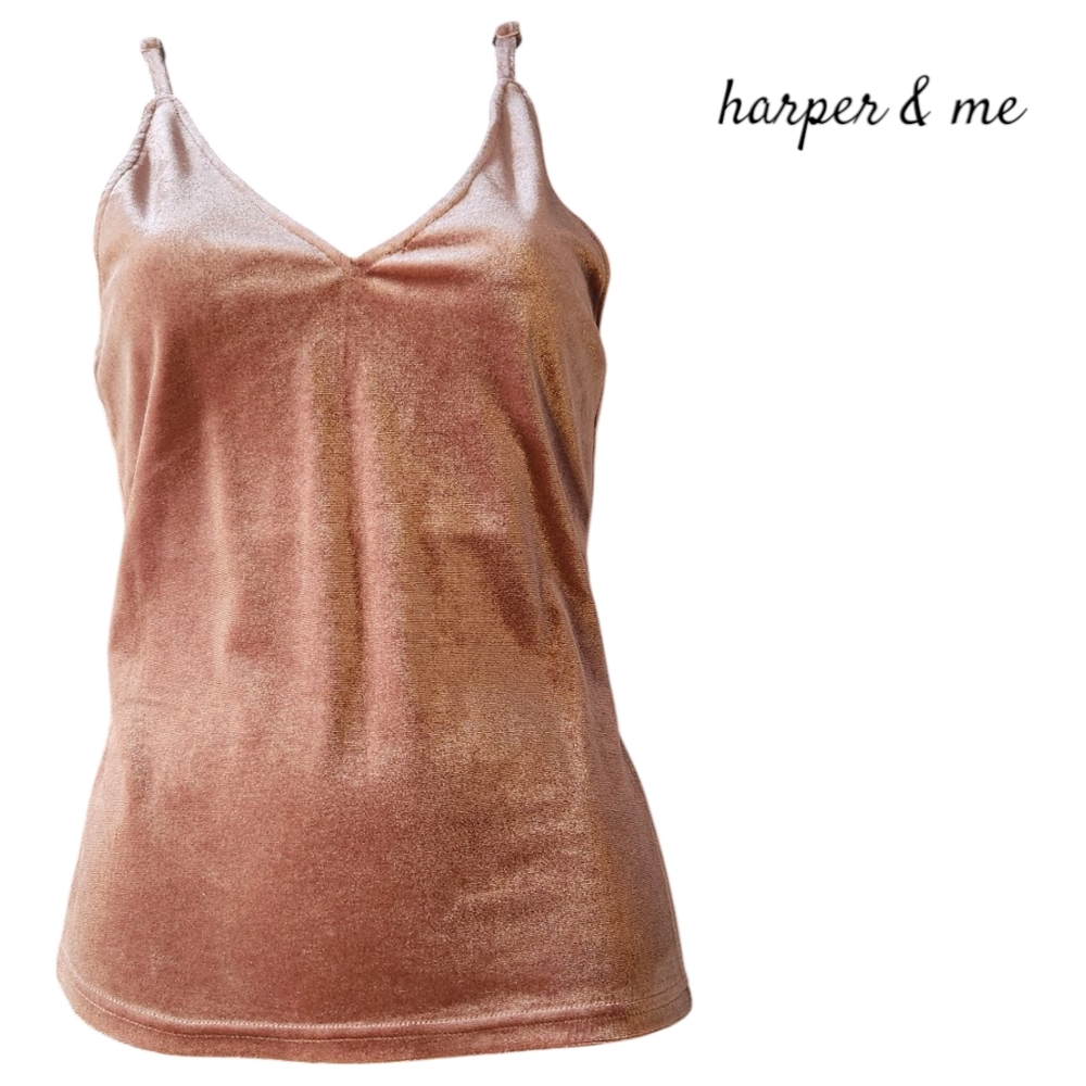 harper & me - Velveteen look, Fitted V Neck Camisole Top; Muted Pink